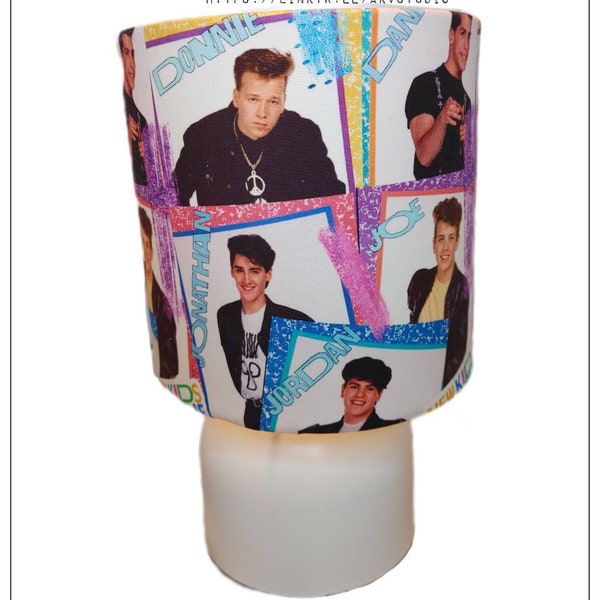 80's Boy Band Handmade Shade with white lamp base. On/off switch on cord. LED bulb included. Read item details