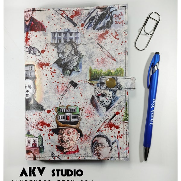 HORROR MOVIE notebook cover with pen. Card slot. Snap closure. Refillable. Read item details