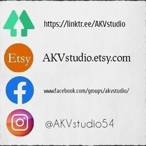 May include: White background with four icons and text. The first icon is two green upward-pointing arrows. The text reads: https://linktr.ee/AKVstudio. The second icon is an orange circle with the Etsy logo. The text reads: AKVstudio.etsy.com. The third icon is a blue Facebook logo. The text reads: www.facebook.com/groups/akvstudio/. The fourth icon is an Instagram logo. The text reads: @AKVstudio54.