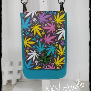 Pot leaves slim sling crossbody purse. Card slots. Minimalist. Faux Leather. Read item details