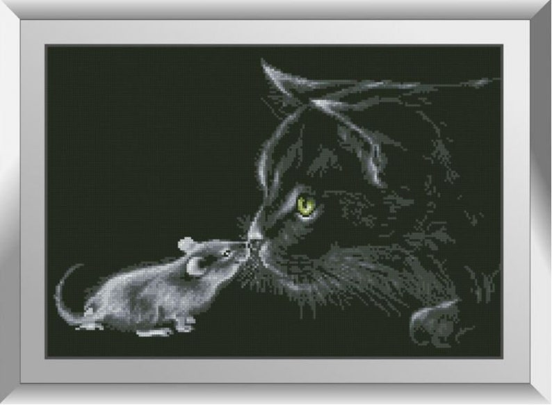 May include: A black cat with green eyes looks at a small gray mouse. The cat and mouse are nose to nose, and the background is black.