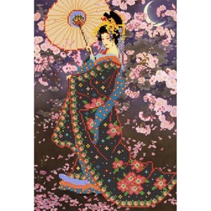 May include: A woman in a black and blue kimono with floral patterns stands under a white parasol. She is surrounded by pink cherry blossoms and petals.