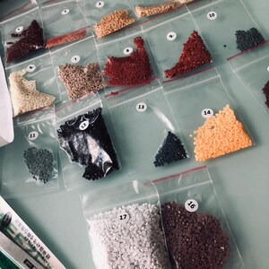 May include: Assortment of small plastic bags containing various colors of tiny square beads, labeled with numbers 1 through 17. The bags are arranged in rows on a white surface.