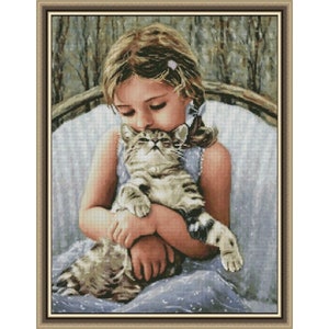 Furry friend Cross stitch kit , modern embroidery kit, needlework kit, cross stitch, counted cross stitch kit,girl with a cat,hugs with cat.