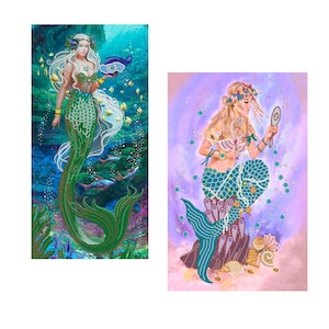 May include: Two illustrations of mermaids with long flowing hair and tails. The mermaid on the left is holding a seashell and is surrounded by fish. The mermaid on the right is looking at a mirror and is surrounded by pearls.