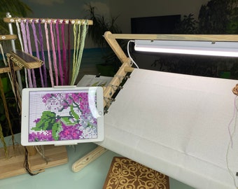 Soporte de bordado de madera con tableta y soporte para patrones, soporte de punto de cruz con iluminación, soporte de costura ajustable