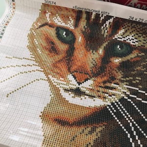 May include: Close-up of a diamond painting kit featuring a Bengal cat with green eyes. The kit is labeled "Bengal Cat" and measures 24 x 25 cm.
