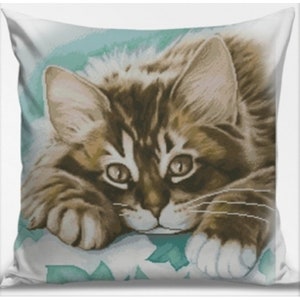 Fluffy Cross stitch kit for pillows Pillow embroidery kit  ,needlework kit, cross stitch, counted cross stitch kit, Fluffy cat, Cute kitten.