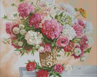 ピンクの牡丹のクロスステッチキット、ピンクの花束の刺繍キット、バラ