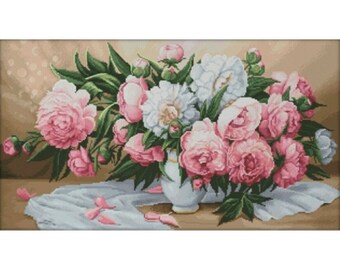 ピンクの牡丹のクロスステッチキット、ピンクの花束の刺繍キット、バラ
