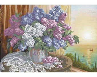 Bead embroidery kit "Lilac bouquet", Beaded stitching, Charming flowers  still life
