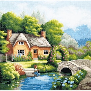 Summer season cross stitch kit ,embroidery kit,needlework kit,cross stitch,counted cross stitch kit,Cozy house,summer landscape,by the river