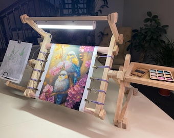 Soporte de bordado, soporte de bordado de madera con tableta y soporte de patrones, soporte de punto de cruz con iluminación, soporte de costura ajustable