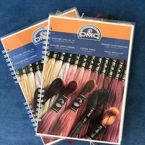 May include: Two DMC thread color charts with a spiral binding, featuring a variety of embroidery floss colors. The charts display the "MOULINE SPECIAL 25" and "MOULINE EFFET LUMIERE" floss, with a blue background.