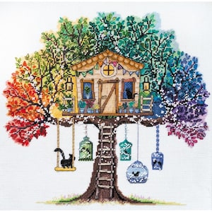 CAT HOUSE Cross stitch kit , modern embroidery kit, needlework kit, cross stitch, counted cross stitch kit,rainbow tree, house on a tree .