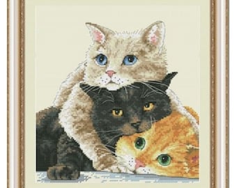Furry friends сross stitch kit , embroidery kit, needlework kit, cross stitch, counted cross stitch kit, white black ginger cat.