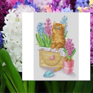 Cat with hyacinths Cross stitch kit,embroidery kit,needlework kit,cross stitch,counted cross stitch kit,ginger cat with flowers,needlecraft.