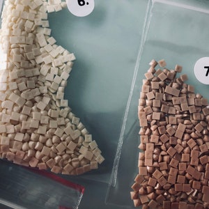 May include: Two small bags of diamond painting drills. The bag on the left contains white drills, and the bag on the right contains brown drills. The bags are labeled with the numbers 6 and 7.