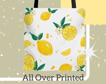 Lemons All Over Print Tote, Everyday Tote Bag, Quotes About Life, Inspirational, Motivational, Large Canvas Tote Bag, Fabric Shoulder Bag