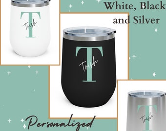 Initial Wine Cup Initial Wine Tumbler Custom Initial Tumbler Custom Coworker Gift Personalized Tumbler Black Sliver White