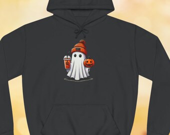 May include: Black hoodie with a white ghost wearing an orange and black beanie holding a pumpkin and a cup of orange liquid.