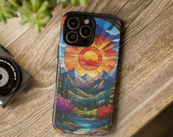 Custodia per telefono resistente con scena di montagna in vetro colorato