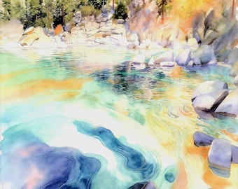 Paesaggio fluviale ad acquerello su tela