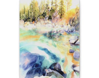 Paesaggio ad acquerello con fiume turchese su tela