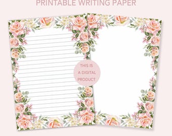 Papeterie florale imprimable, papier à lettres imprimable fleurs, papier à lettre aquarelle, papier à lettres numérique ligné, papier à lettres à lettres