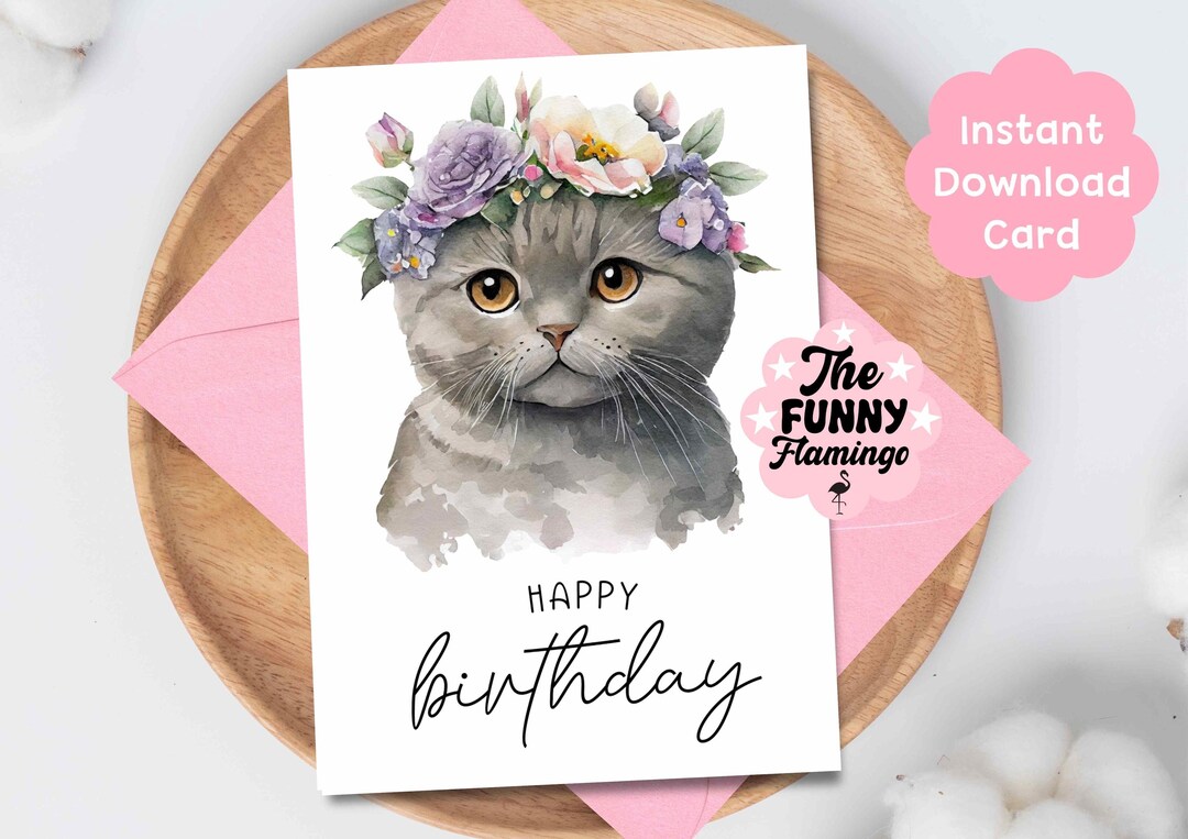 Cute Cat Printable Birthday Card, Cat Digital Card, Cat Lover Card, Cat ...