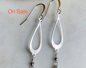 Handcrafted Silver Cross Earrings: Pave Cross, Hematite Beads, Hypoallergenic Hooks, USA Made