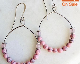 Handcrafted pink hoop earrings, magnesite beads, rose quartz, pink beaded earrings, gifts for her, pretty earrings, on sale, free shipping