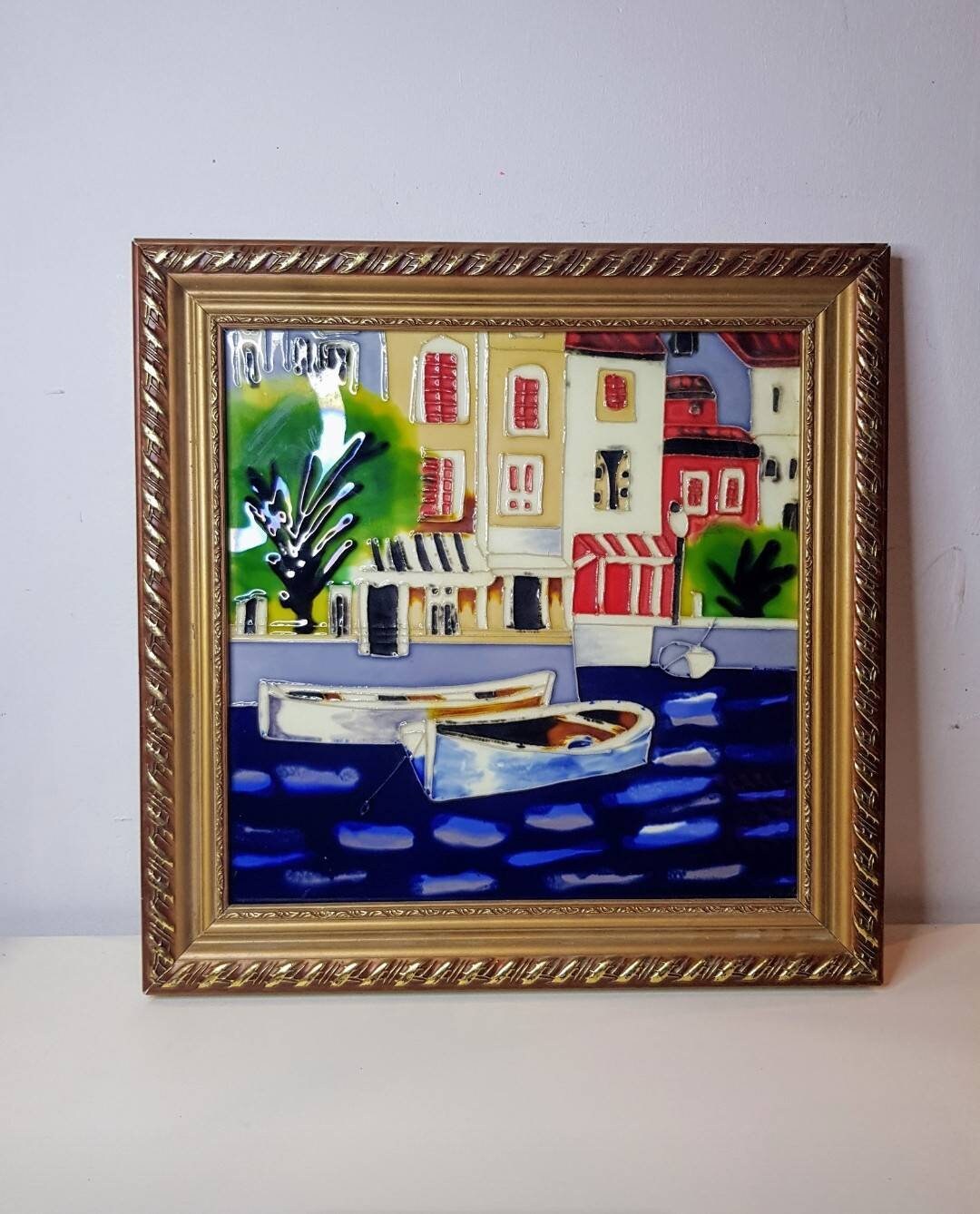 Ceramic Art Tile River Boats in Gold Frame Etsy