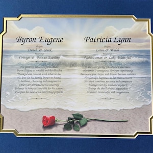 May include: A framed print with a gold border and a blue background. The print features a beach scene with a single red rose. The print includes the names "Byron Eugene" and "Patricia Lynn" with their origins and meanings.