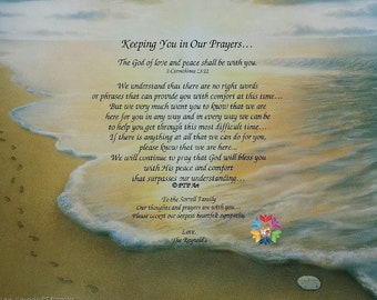 May include: A sympathy card with a beach scene and a message of comfort and support. The card reads "Keeping You in Our Prayers... The God of love and peace shall be with you. 2 Corinthians 23:12 We understand that there are no right words or phrases that can provide you with comfort at this time... But we very much want you to know that we are here for you in any way and in every way we can be to help you get through this most difficult time... If there is anything at all that we can do for you, please know that we are here... We will continue to pray that God will bless you with His peace and comfort that surpasses our understanding.  To the Sorrell Family Our thoughts and prayers are with you... Please accept our deepest heartfelt sympathy. Love, The Reynolds"