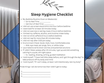 Lista de verificação de higiene do sono, folheto informativo sobre insônia, rotinas para dormir, ideias para relaxar, prevenção da insônia, folheto informativo sobre auxílio para dormir, dicas para uma boa noite de sono.