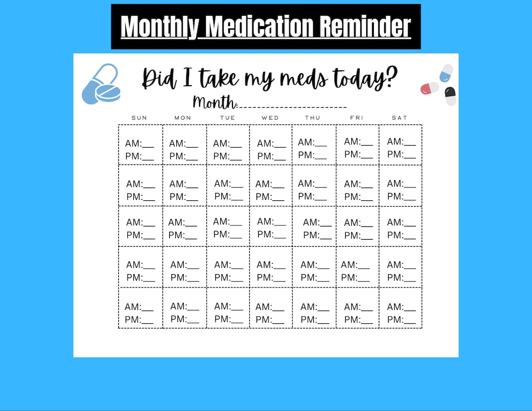 Blank Month Medication Calendar, Reminder Calendar for Meds, Checklist ...