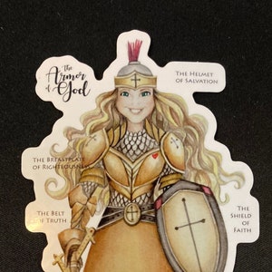 May include: A colorful illustration of a woman wearing armor with the words "The Armor of God" at the top. The armor is labeled with different parts of the armor of God, such as the helmet of salvation, the breastplate of righteousness, the belt of truth, the shield of faith, the sword of the spirit, and the gospel of peace. The woman is holding a sword and a shield. The text "The Truth of God's Word" is written below the woman's feet, with a small book labeled "The Holy Bible" underneath.