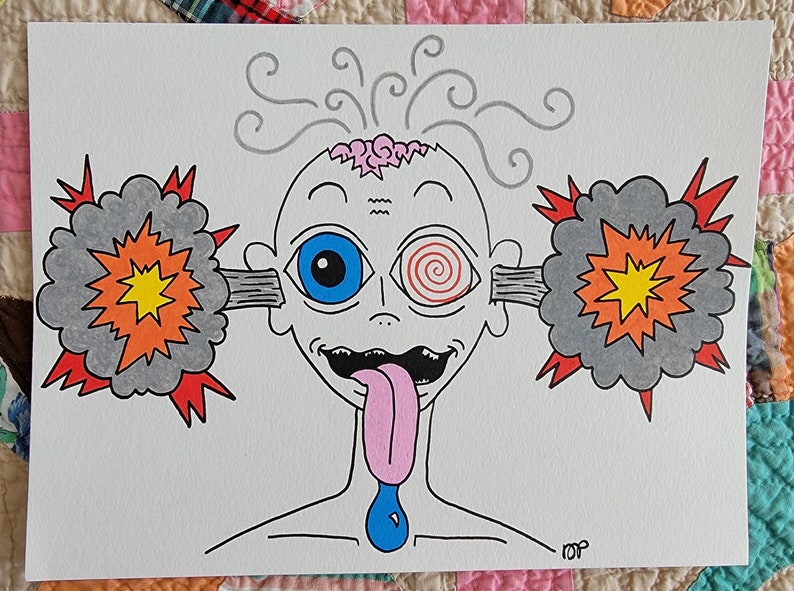May include: A white cartoon character with a pink brain, blue eye, and a red and white spiral eye. The character has a pink tongue sticking out and a blue drop of saliva. There are two gray and red explosions coming out of the character's ears.