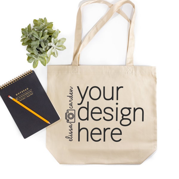 Organic Tote Bag Mockup- Oyster Tote Mockup Bag - Totes Mockups - Eco Tote Mock-Up with Notebook - Digital JPEG Download - Flay Lay Mock Up