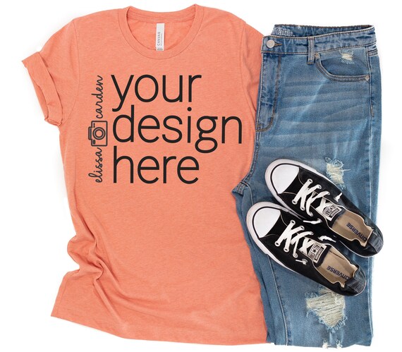 Download Free Heather Sunset Bella Canvas 3001 Shirt Mockup Casual Brochure PSD Mockup Template