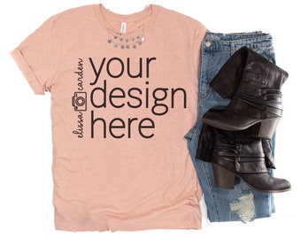 T-Shirt Mockup Bella 3001, Heather Prism Peach With Necklace and Black Boots, Bella Canvas Flatlay, Shirt Stock Photo, JPG Files