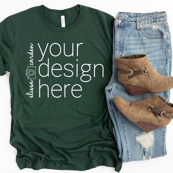 Forest Bella Canvas Mockup 3001, Simple TShirt Mock Up With Brown Boots, Short Sleeve, Crew Neck, Unisex Jersey