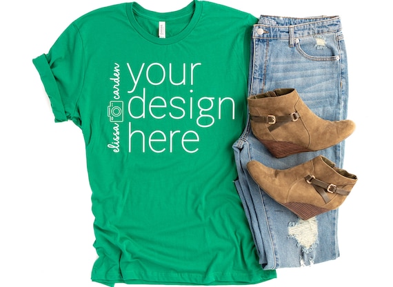 T-shirt Mockup Bella 3001, Kelly Green Bella Canvas Flatlay, Shirt
