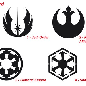 May include: Image featuring four black logos on a white background. The logos represent the Jedi Order, Rebel Alliance, Galactic Empire, and Sith Empire. Text at the top reads "Standard logos."