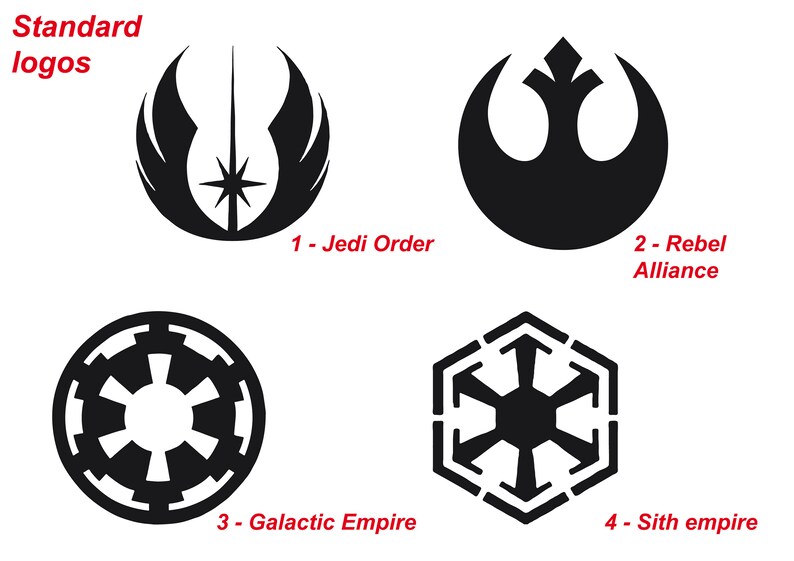 May include: Image featuring four black logos on a white background. The logos represent the Jedi Order, Rebel Alliance, Galactic Empire, and Sith Empire. Text at the top reads "Standard logos."