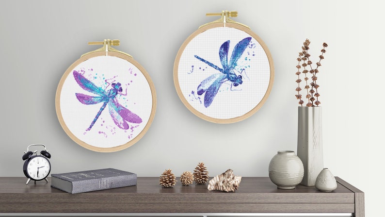 Set Of 2 Modern Dragonfly Cross Stitch Chart Animals Embroidery Chart For Easy Cross Stitch Dragonfly