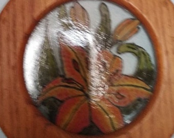 Painting on Glass inside round wooden frame