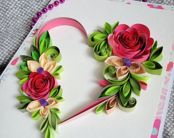 Happy Birthday Flower Heart Card, Fancy Card With Pink and Beige
