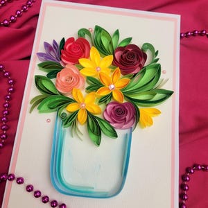 Carte d'anniversaire faite main, carte fantaisie avec fleurs jaunes, roses et rouges, carte de voeux bouquet de fleurs, cadeau pour maman, soeur, amie